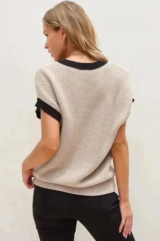 Batwing Sleeve Sweater Top - Light French Beige Contrast Trim - Fashionfitz