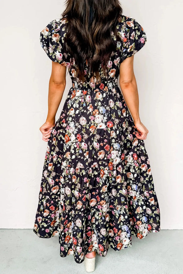 Black Floral V Neck Pleated Tiered Maxi Dress Women UK