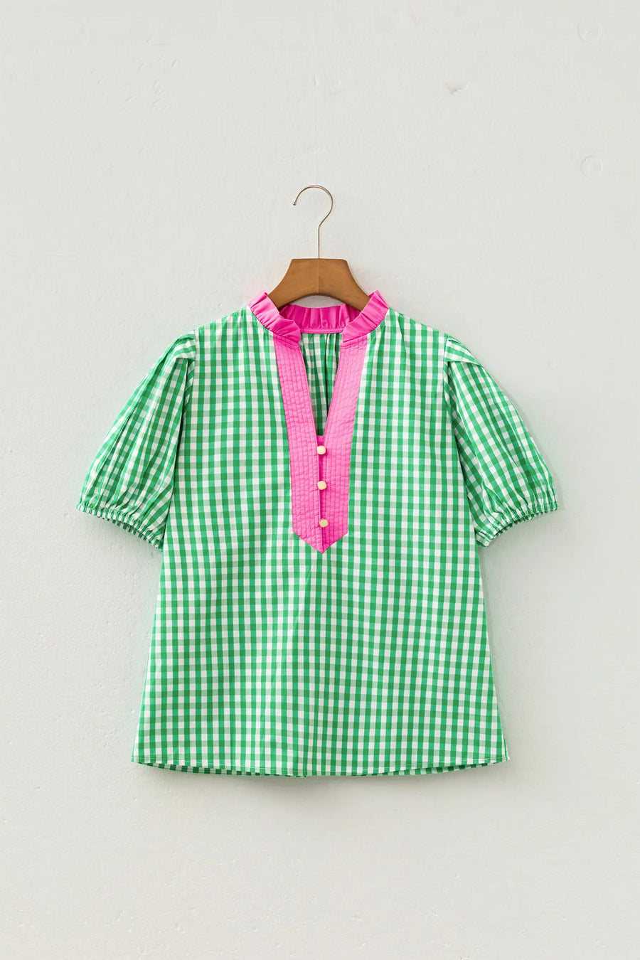 Gingham Plaid Bubble Sleeve Colourblock Blouse Women UK