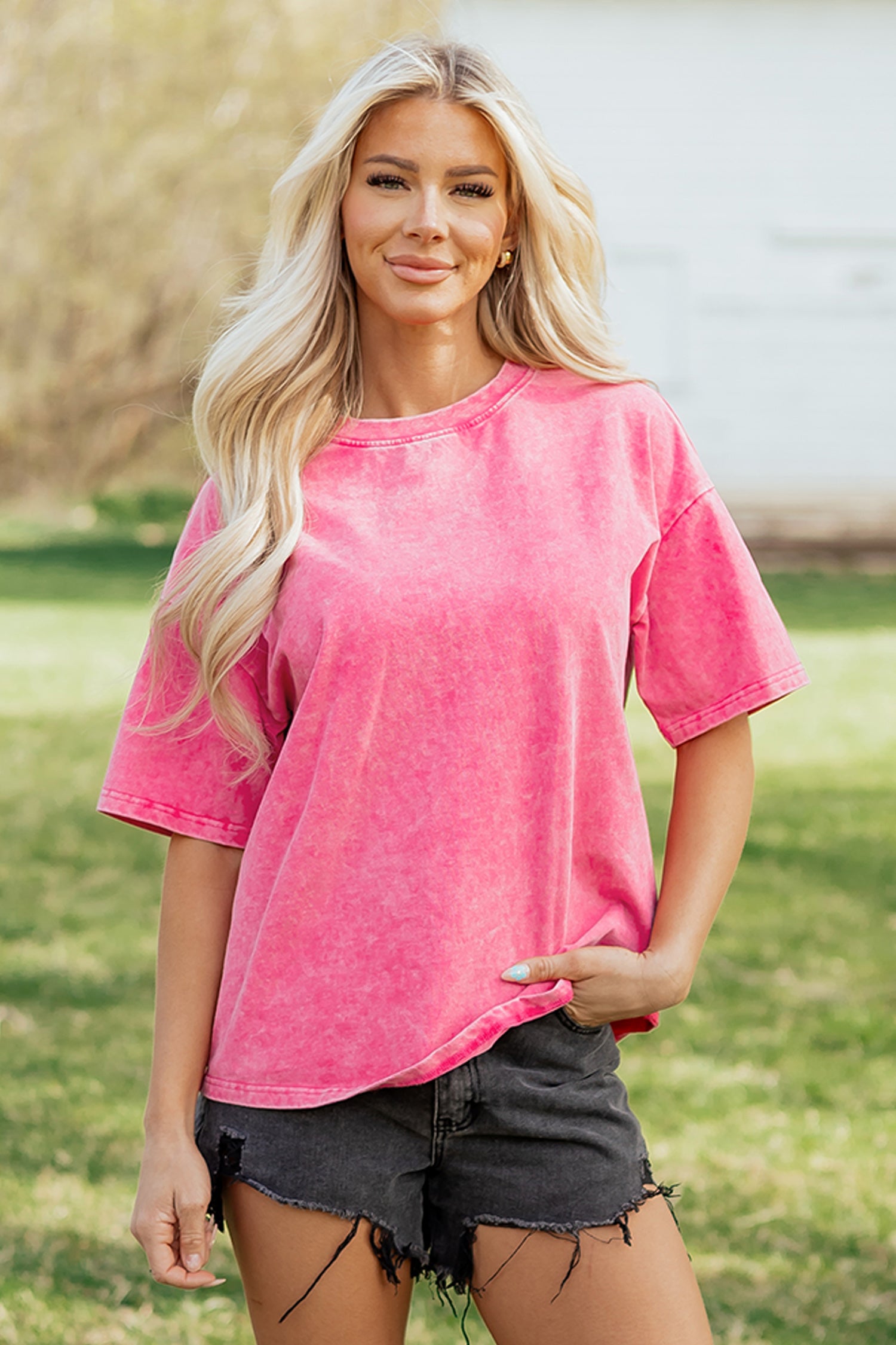 Mineral Washed Oversized Cotton Tee Drop Shoulder Round Neck Tunic Length