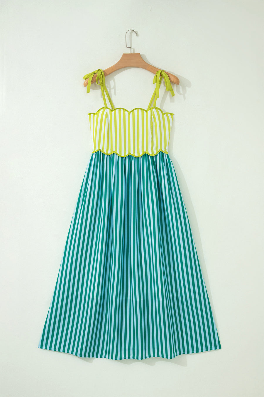 Stripe Scalloped Patchwork Knot Strap Midi Dress Women UK