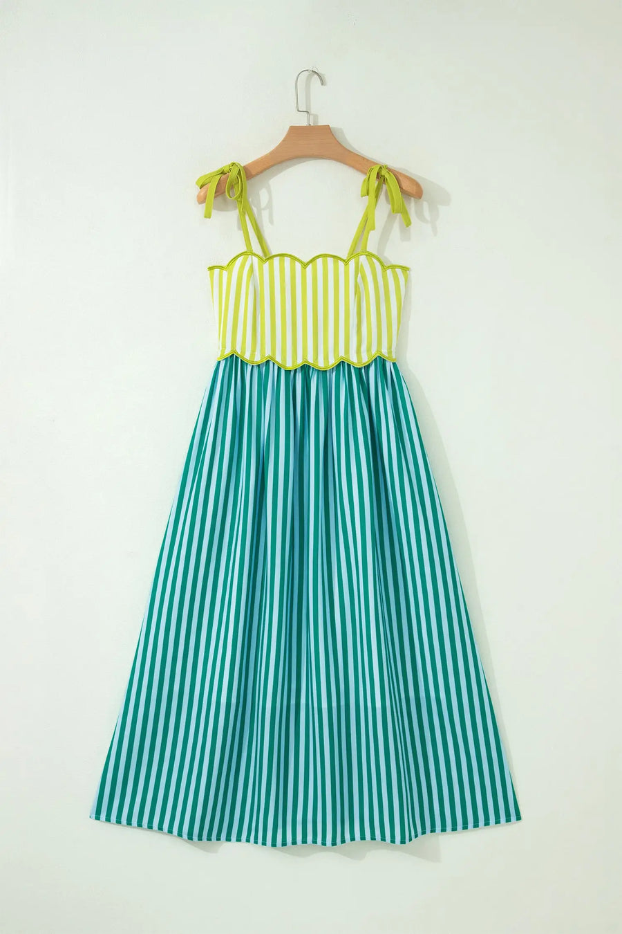 Stripe Scalloped Patchwork Knot Strap Midi Dress Women UK — close-up detail | Fashionfitz UK