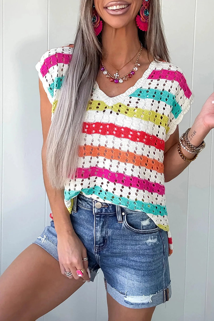 Women's striped eyelet knit sweater tee close-up detail