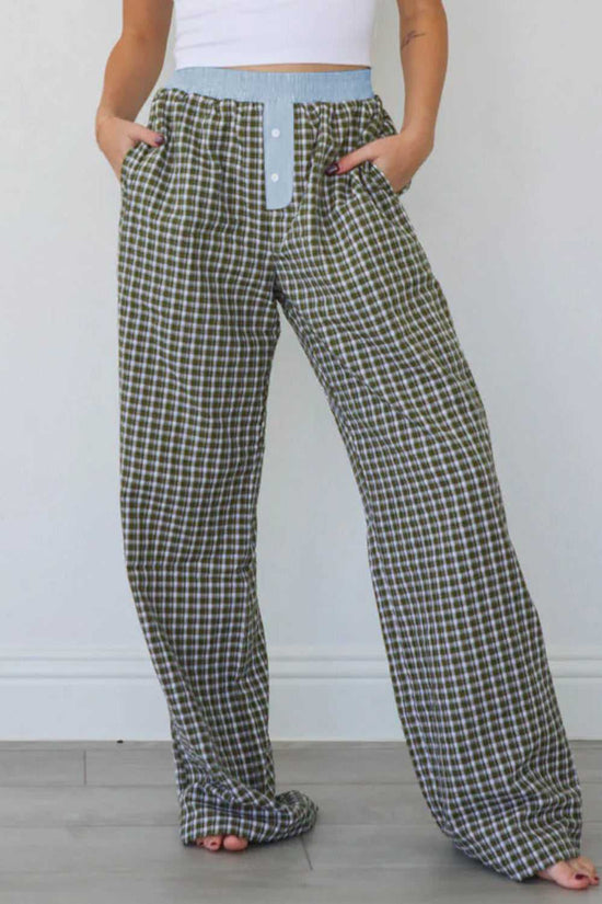 Full-length view of Ladies Brown Gingham Boxer Trousers by FashionFitz with wide-leg silhouette and cozy lounge appeal for autumn fashion.