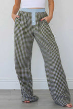 Full-length view of Ladies Brown Gingham Boxer Trousers by FashionFitz with wide-leg silhouette and cozy lounge appeal for autumn fashion.