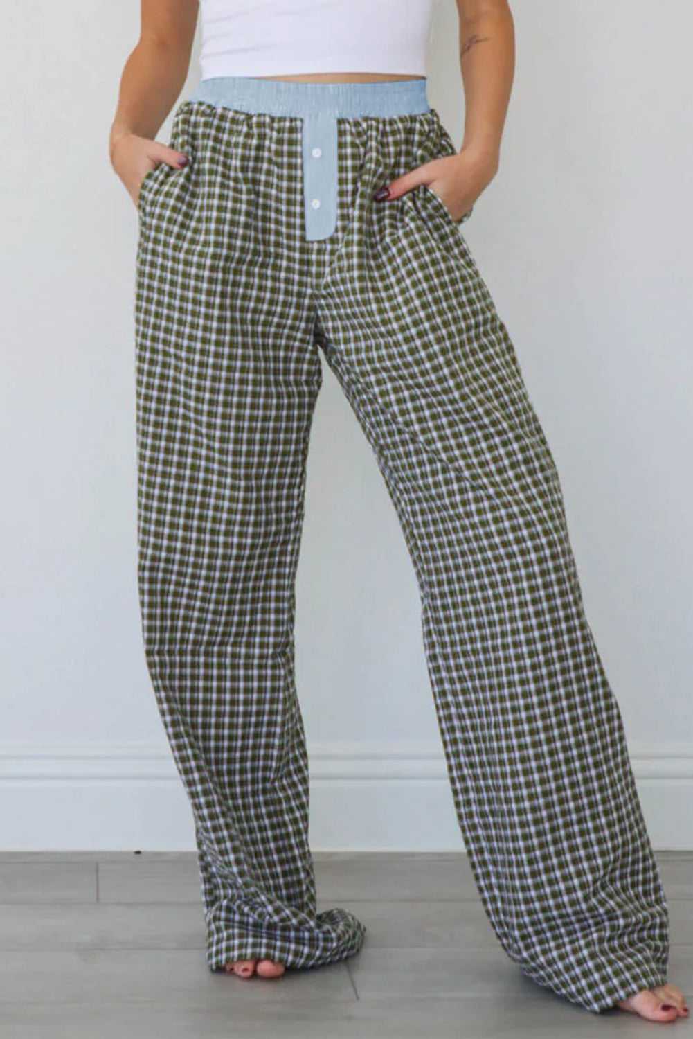 Full-length view of Ladies Brown Gingham Boxer Trousers by FashionFitz with wide-leg silhouette and cozy lounge appeal for autumn fashion.