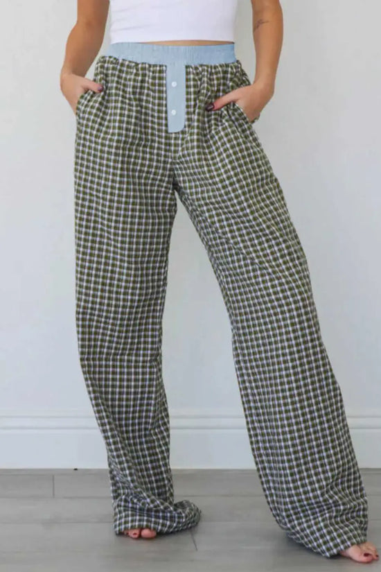 Full-length view of Ladies Brown Gingham Boxer Trousers by FashionFitz with wide-leg silhouette and cozy lounge appeal for autumn fashion.