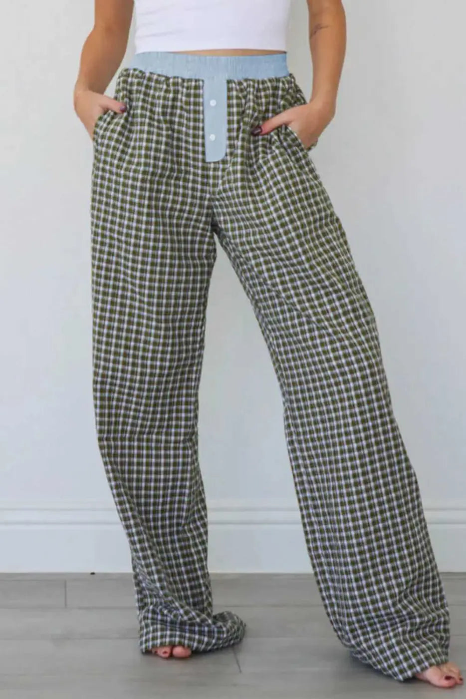 Full-length view of Ladies Brown Gingham Boxer Trousers by FashionFitz with wide-leg silhouette and cozy lounge appeal for autumn fashion.