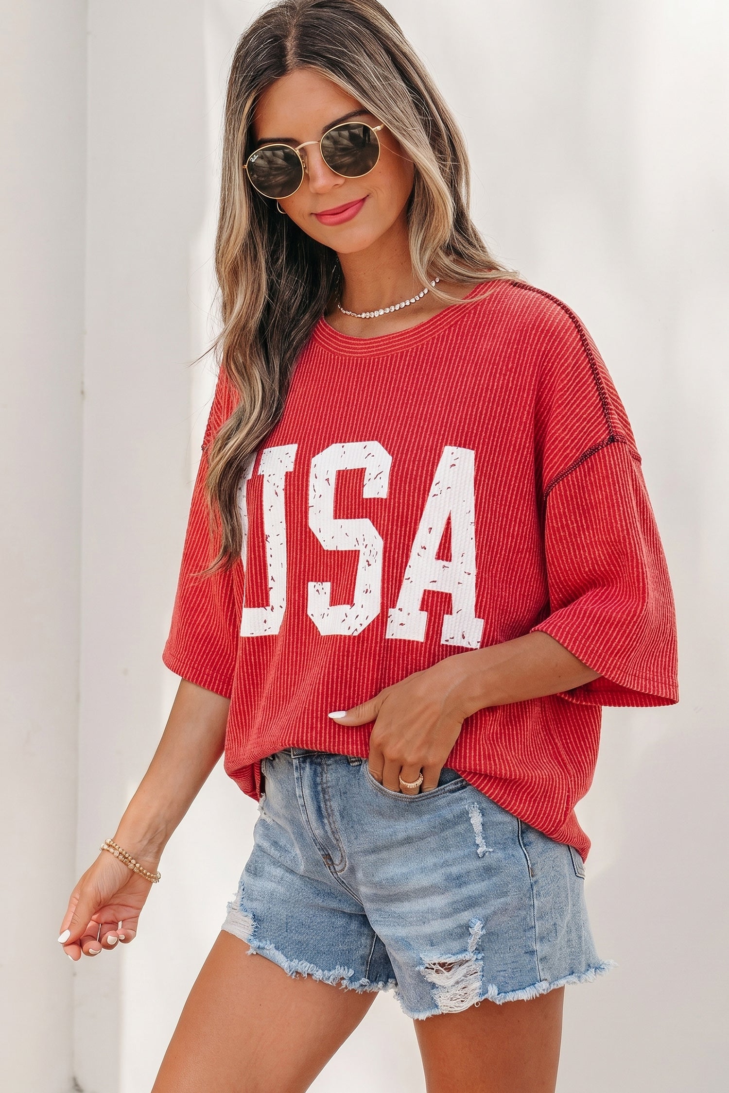 USA Graphic Ribbed Half Sleeve Loose Top Round Neck Tunic Length
