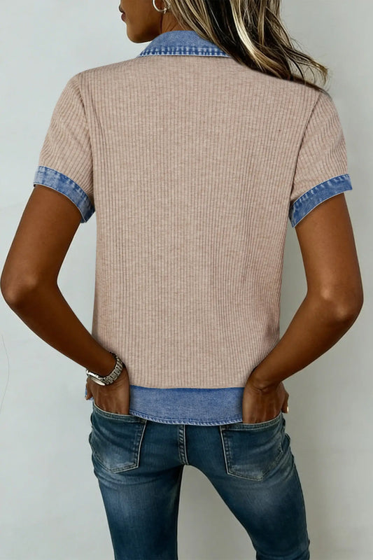 Ribbed knit denim patchwork blouse — three-quarter angle, shift silhouette | Fashionfitz UK