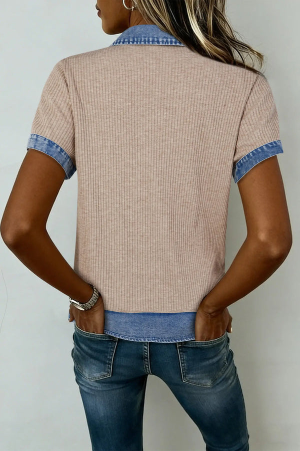 Ribbed knit denim patchwork blouse — three-quarter angle, shift silhouette | Fashionfitz UK
