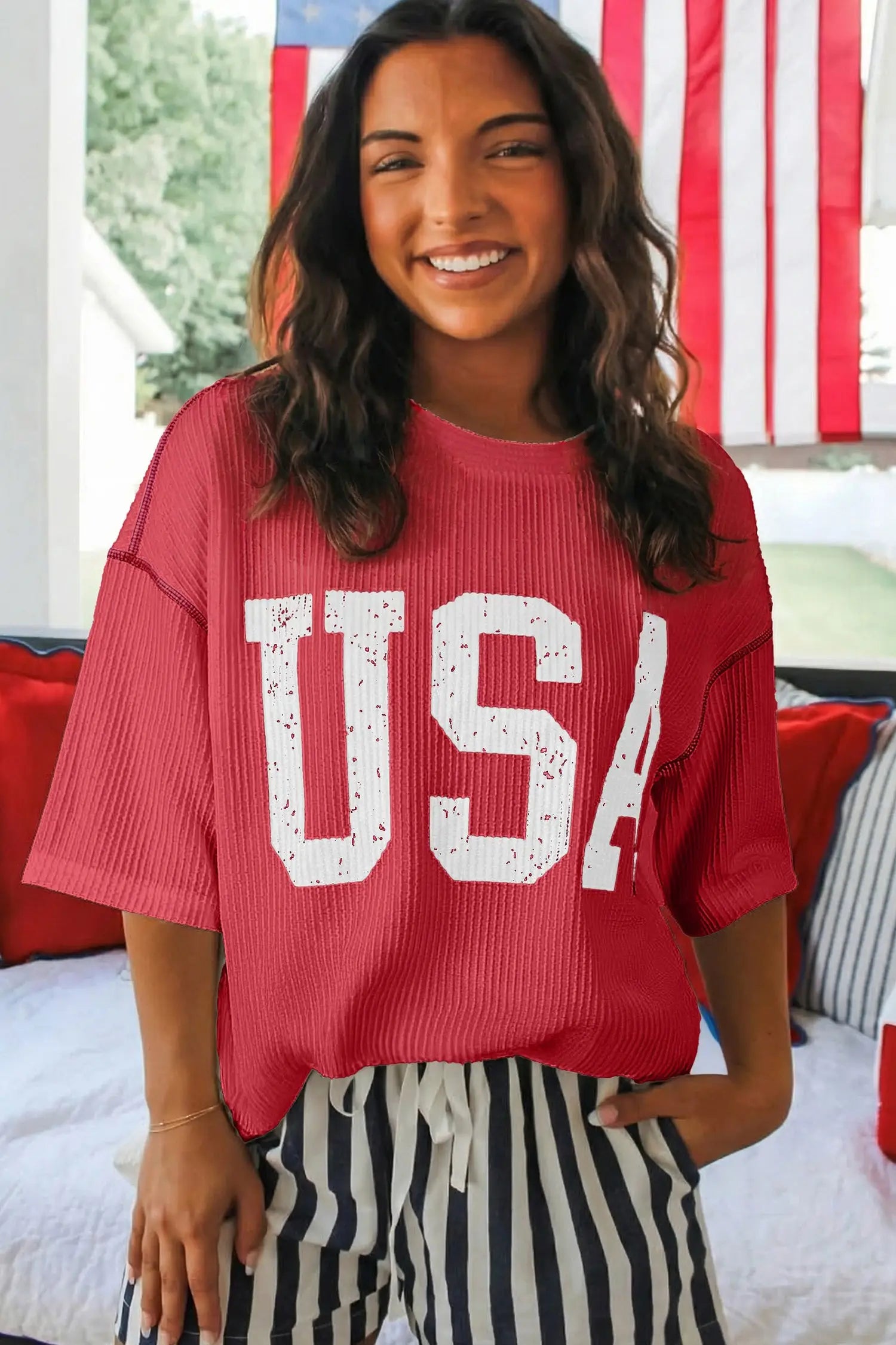 Usa graphic ribbed half sleeve loose top round neck tunic length tunics
