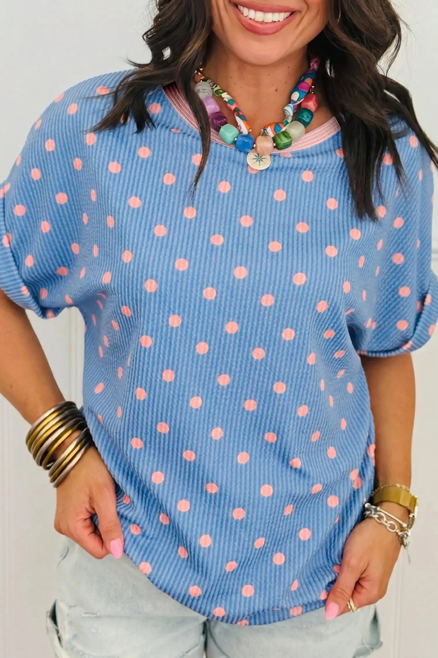Raised rib polka dot print cuffed short sleeve top t-shirts