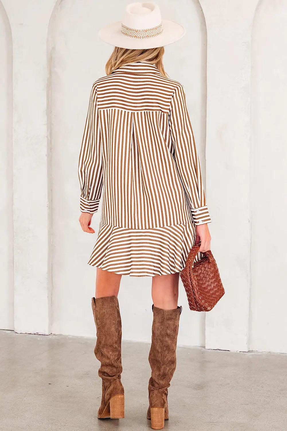 Brown stripe ruffled hem collared long sleeve mini