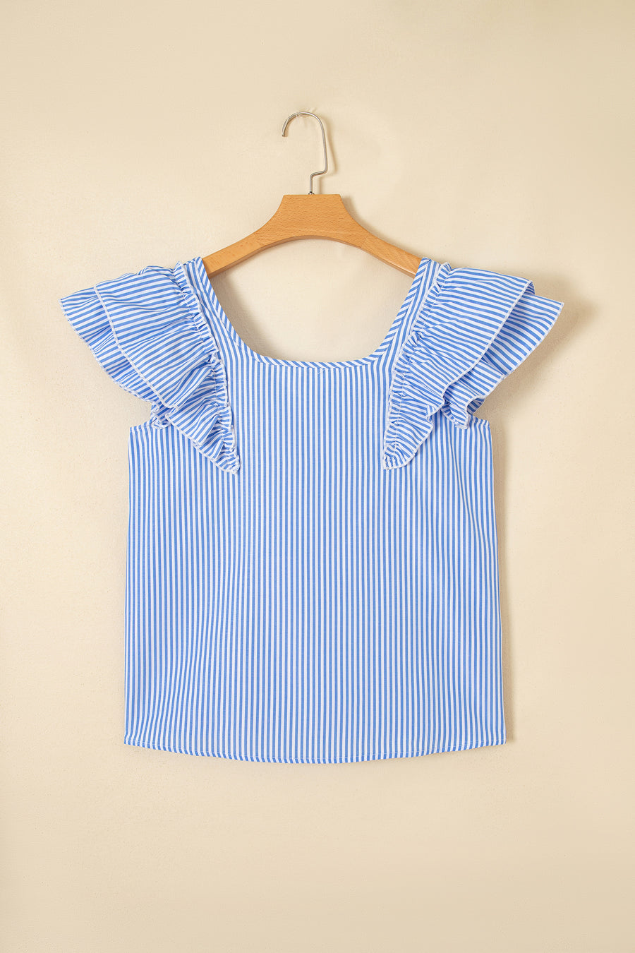 Sky Blue Striped Square Neck Ruffled Bow Blouse Women UK