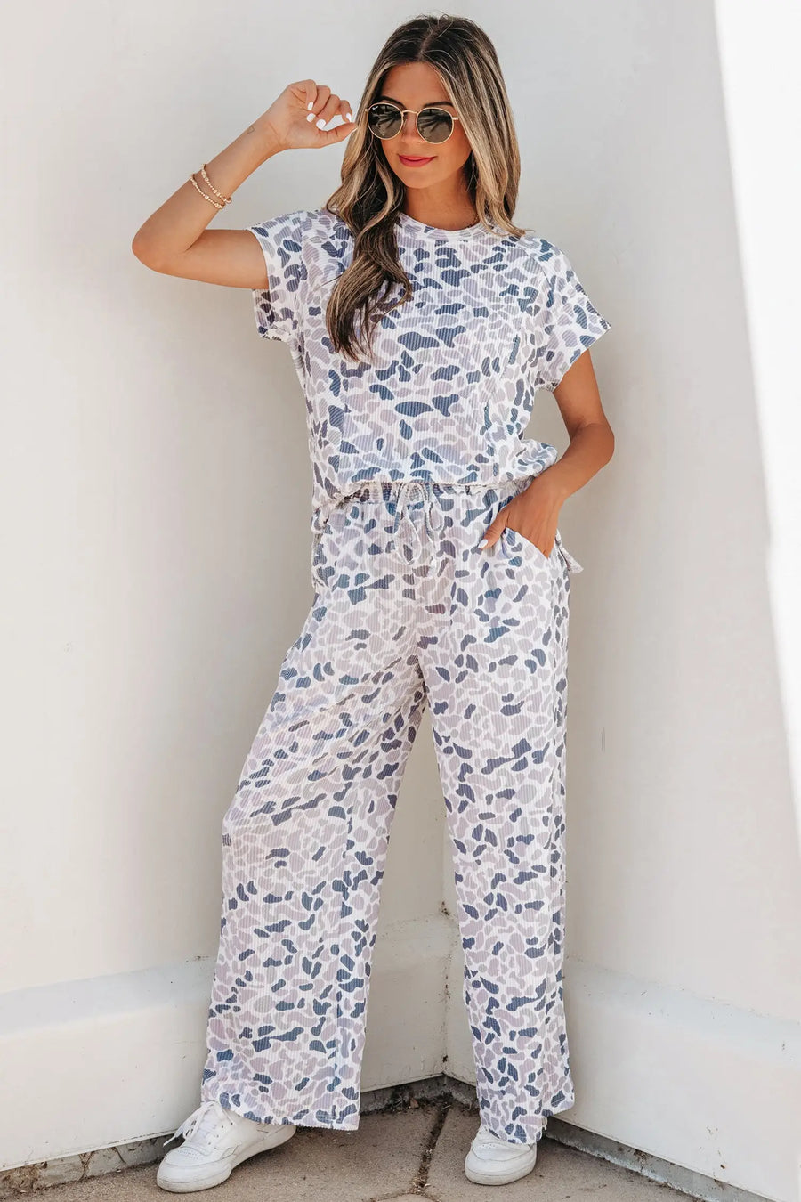 Camo twisted rib tee drawstring pants set short sleeve beige outfit sets