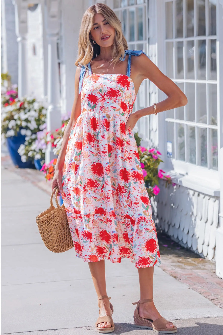 Yellow Floral Knot Denim Strap High Waist Shift Dress Women UK