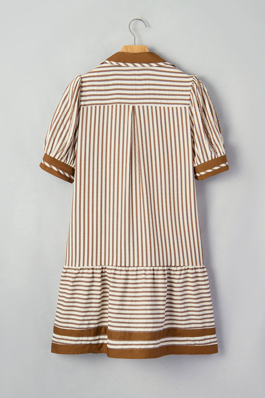 Stripe Shirt Collar Patchwork Ruffle Hem Mini Dress Women UK