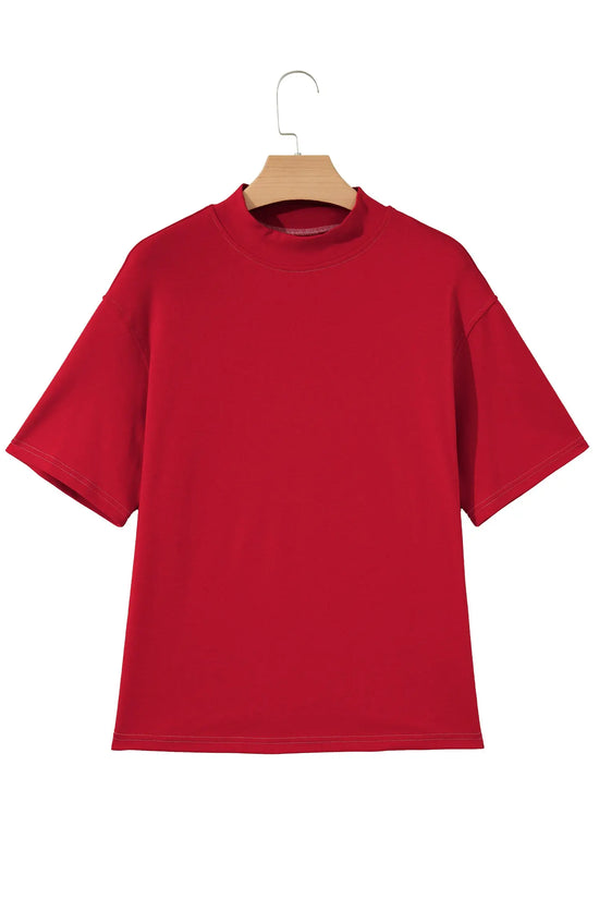 Reversible Contrast Stitch Drop Shoulder High Neck Short Sleeve Tee