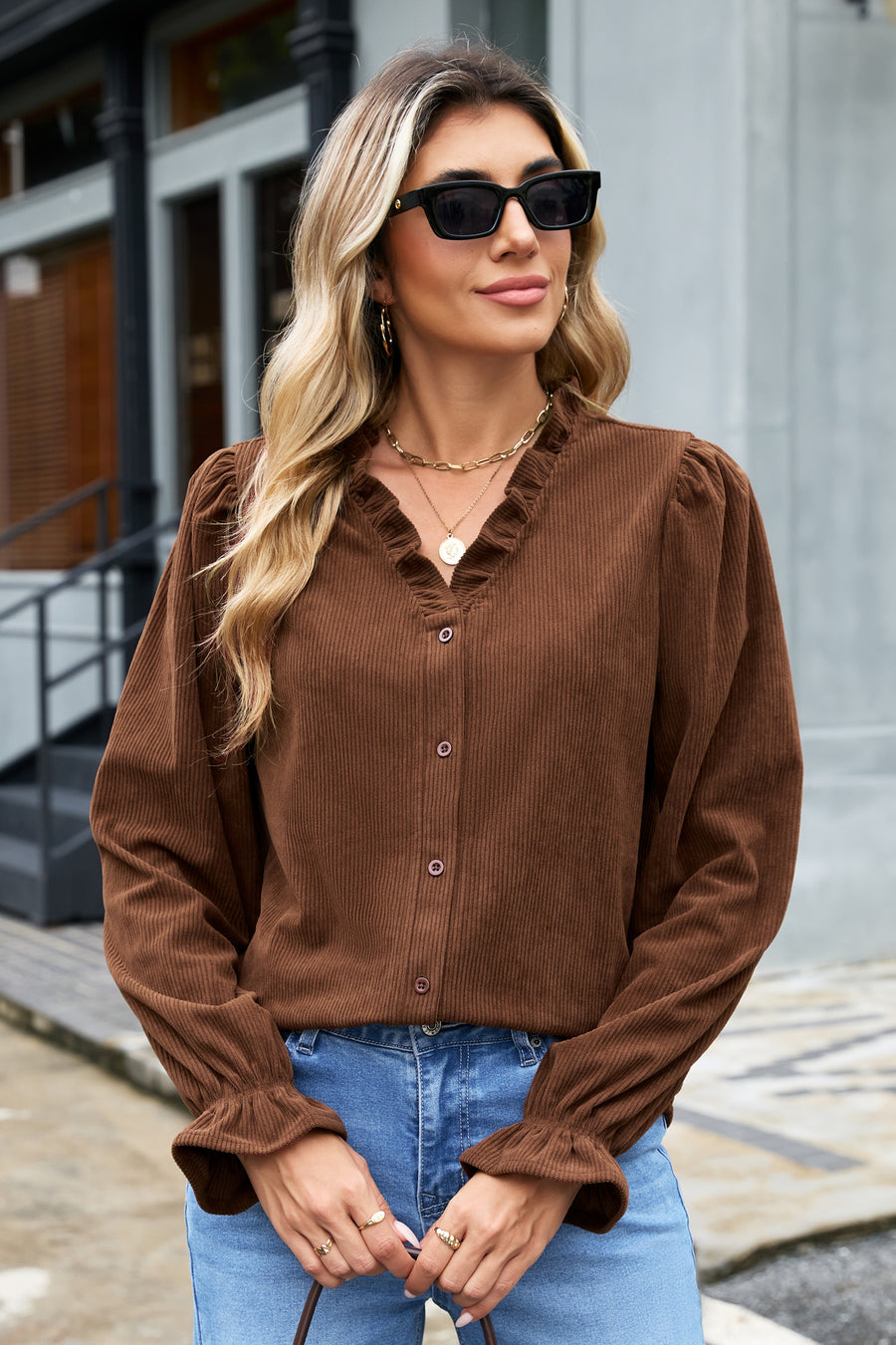 Ruffle Trim V-Neck Corduroy Shacket