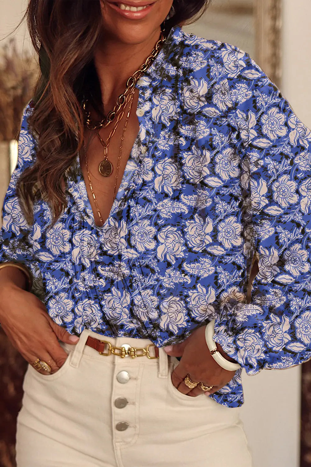Sky blue floral print pleated puff sleeve blouse