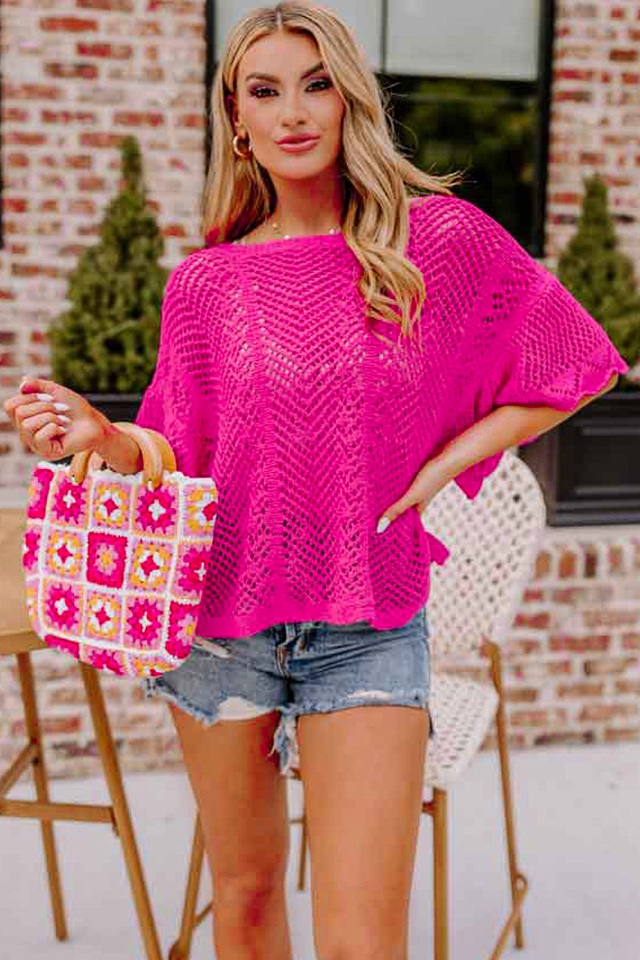 Side view of Pink Pointelle Knit Top showing short sleeve length and feminine silhouette — Fashionfitz
