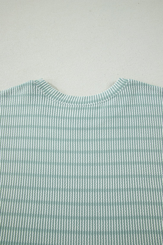 Stripe Raised Rib Loose Tee & Drawstring Elastic Waist Shorts Set