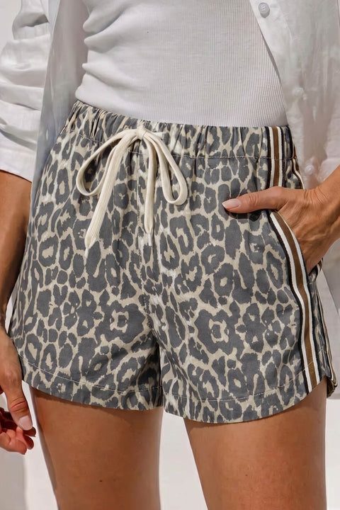 Leopard Stripe Drawstring High Waist Denim Shorts Women UK
