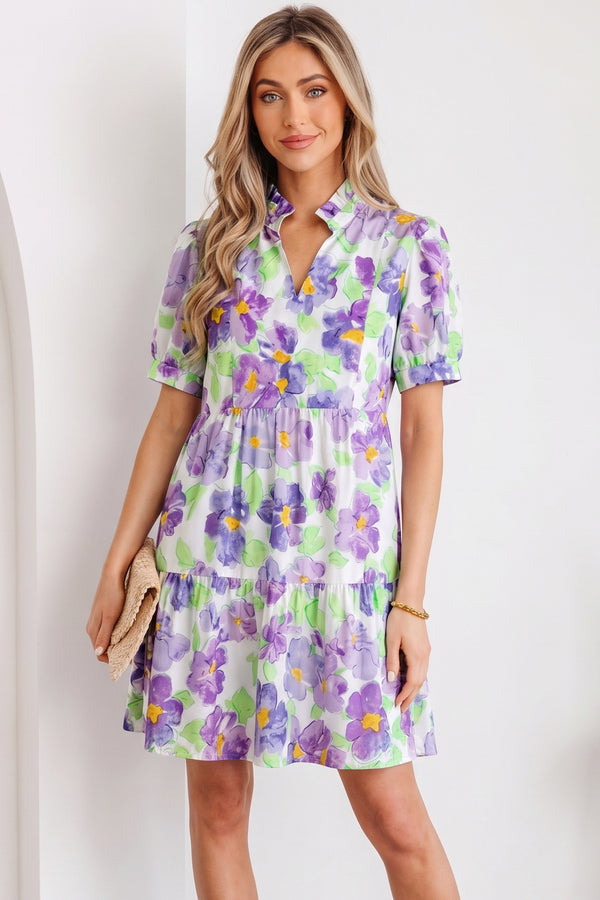 Purple Floral V Neck Short Sleeve Tiered Ruffle Mini Dress Women UK