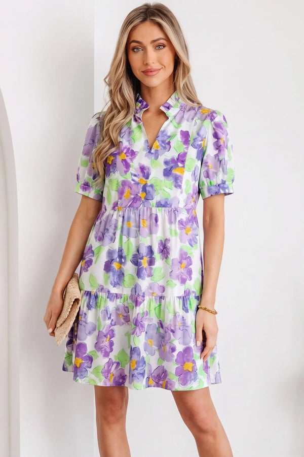 Purple Floral V Neck Short Sleeve Tiered Ruffle Mini Dress Women UK