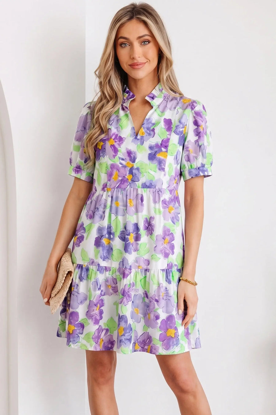 Purple Floral V Neck Short Sleeve Tiered Ruffle Mini Dress Women UK