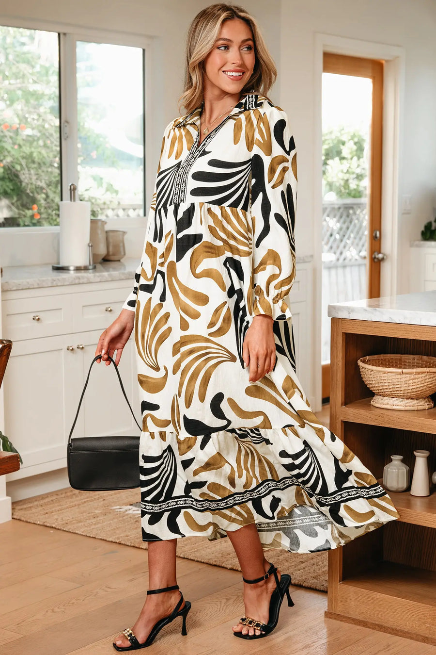 Brown Tropical Print Contrast Trim Long Sleeve Dress Women UK — side view