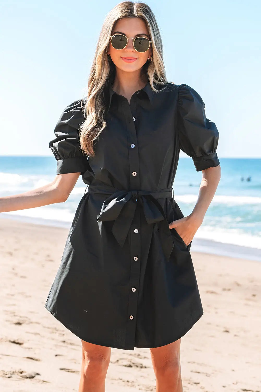 Button up puff sleeve shirt collar tie waist mini dress with pockets dresses