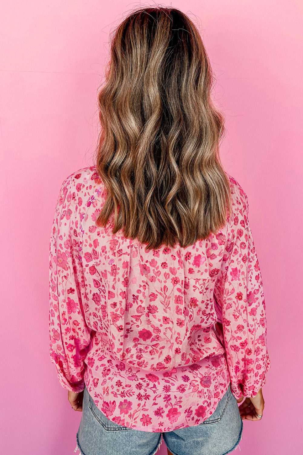 Back view of Pink Floral Lightweight Blouse showing floral print and relaxed fit, ideal for spring daily wear.