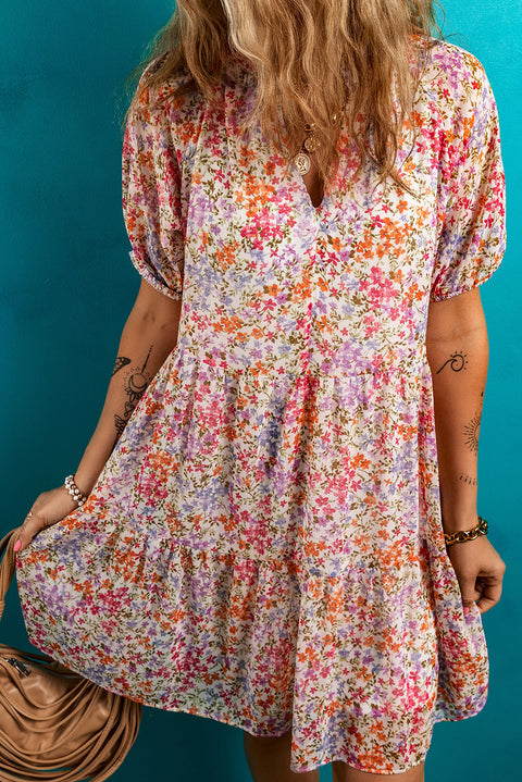 Red floral puff sleeve V neck tiered mini dress women UK front view