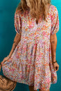 Red Floral Puff Sleeve Notched V Neck Tiered Mini Dress Women UK
