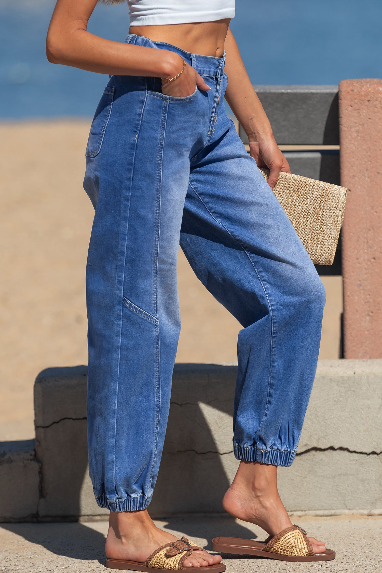 4 Button Front Tapered Leg Elastic Cuff Jeans Women UK