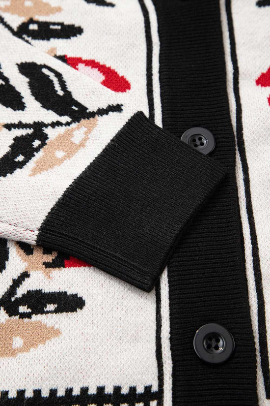 Sleeve and button placket detail on beige feminine cardigan