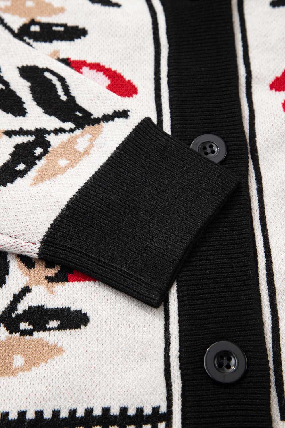 Sleeve and button placket detail on beige feminine cardigan