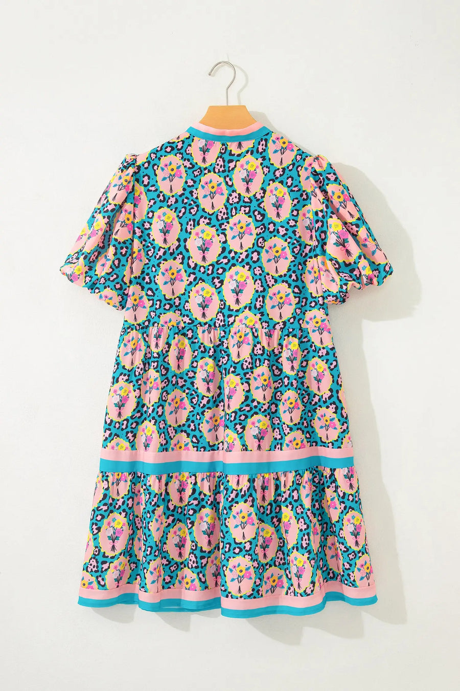 Green Leopard Floral Print Short Sleeve Mini Dress Women UK