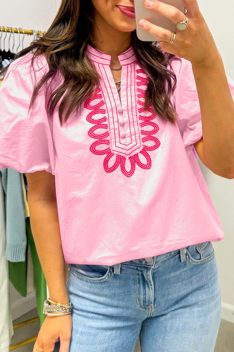 Boho Embroidered Puff Sleeve Cotton Blouse Women UK