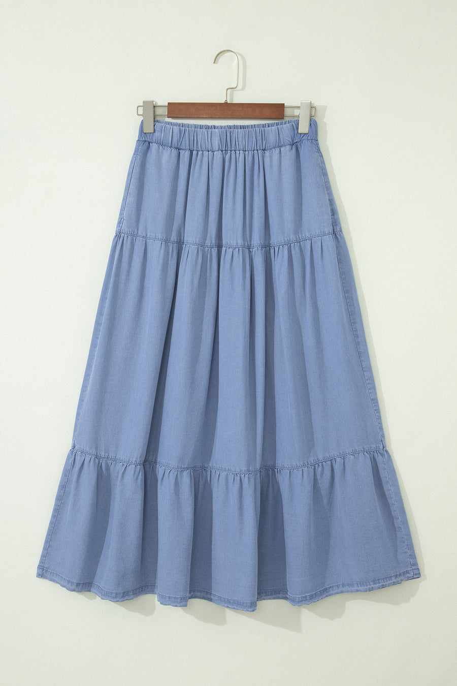 Elastic Waist Ruffled Tiered Maxi Skirt Lyocell Side Pockets Beau Blue