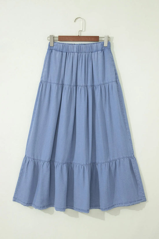 Elastic waist ruffled tiered maxi skirt lyocell side pockets beau blue skirts