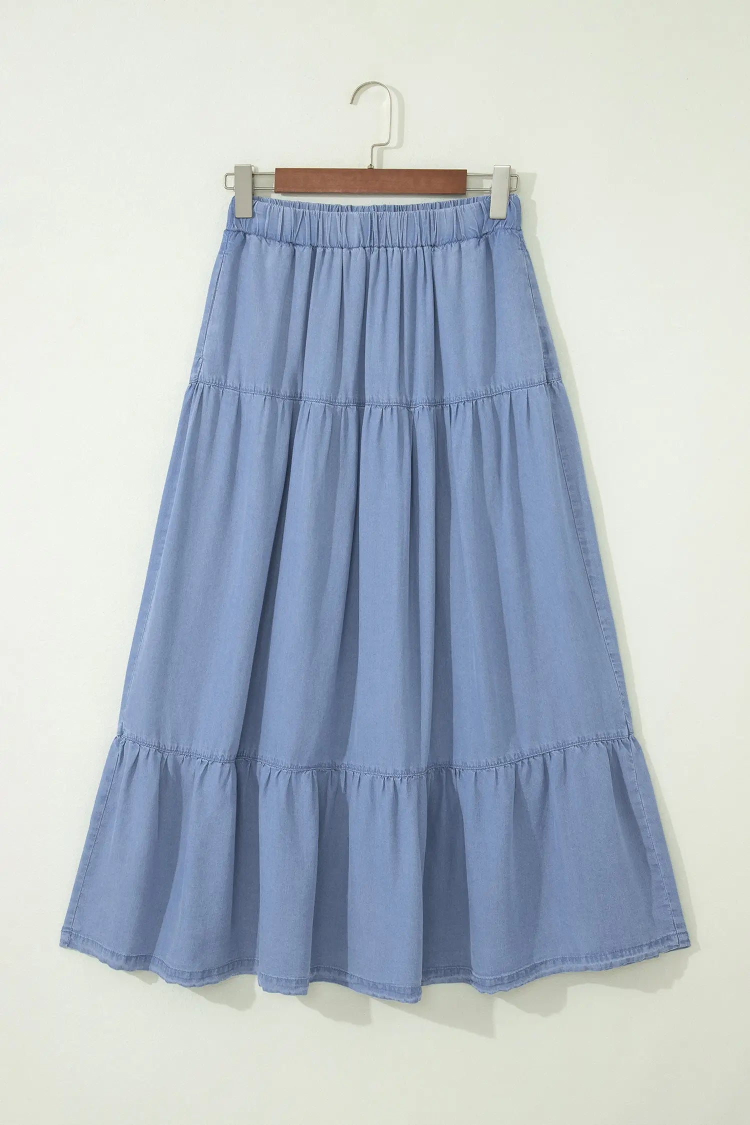 Elastic waist ruffled tiered maxi skirt lyocell side pockets beau blue skirts