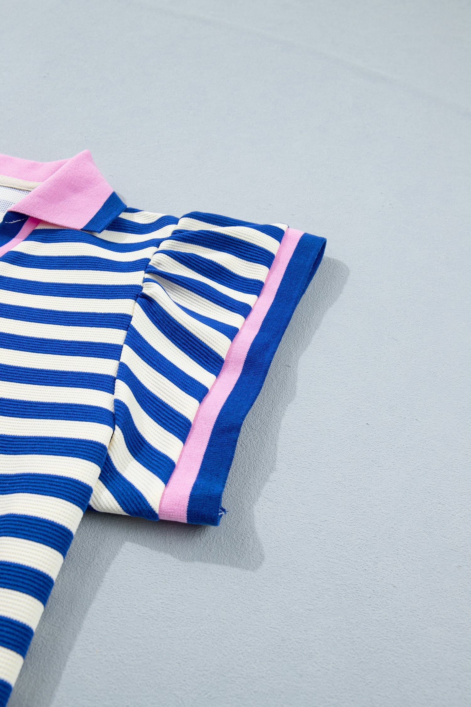 Stripe Contrast Trim Polo Collar Ruffled Short Sleeve Blouse