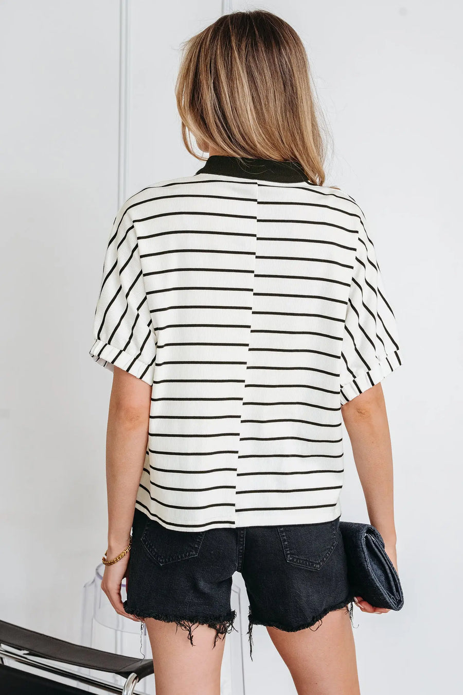 Close-up of elastic cuffs and stripe fabric detail on black dolman top Fashionfitz UK