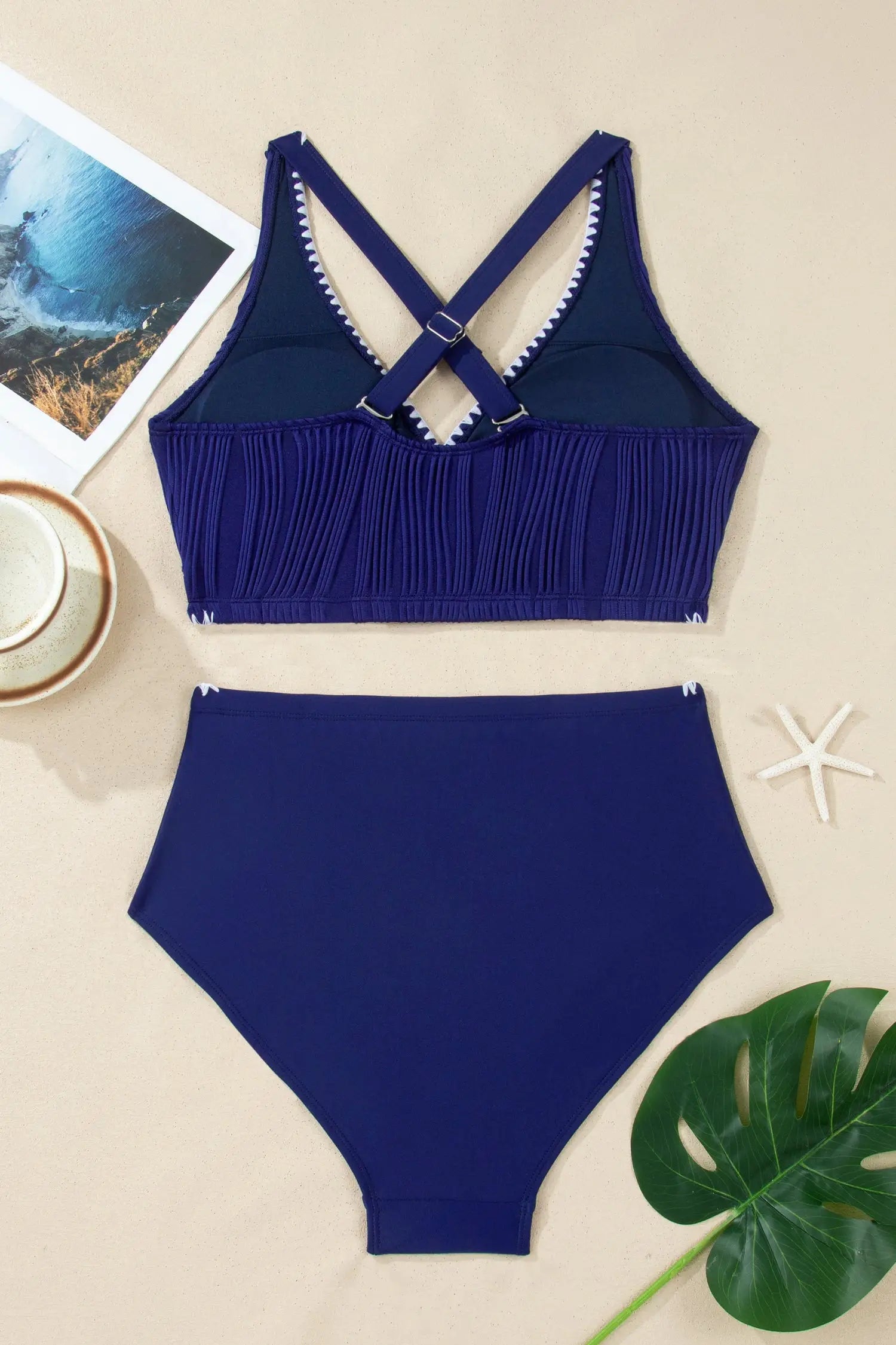 Shell stitch v neck high waist bikini set adjustable straps removable pads classic bikinis