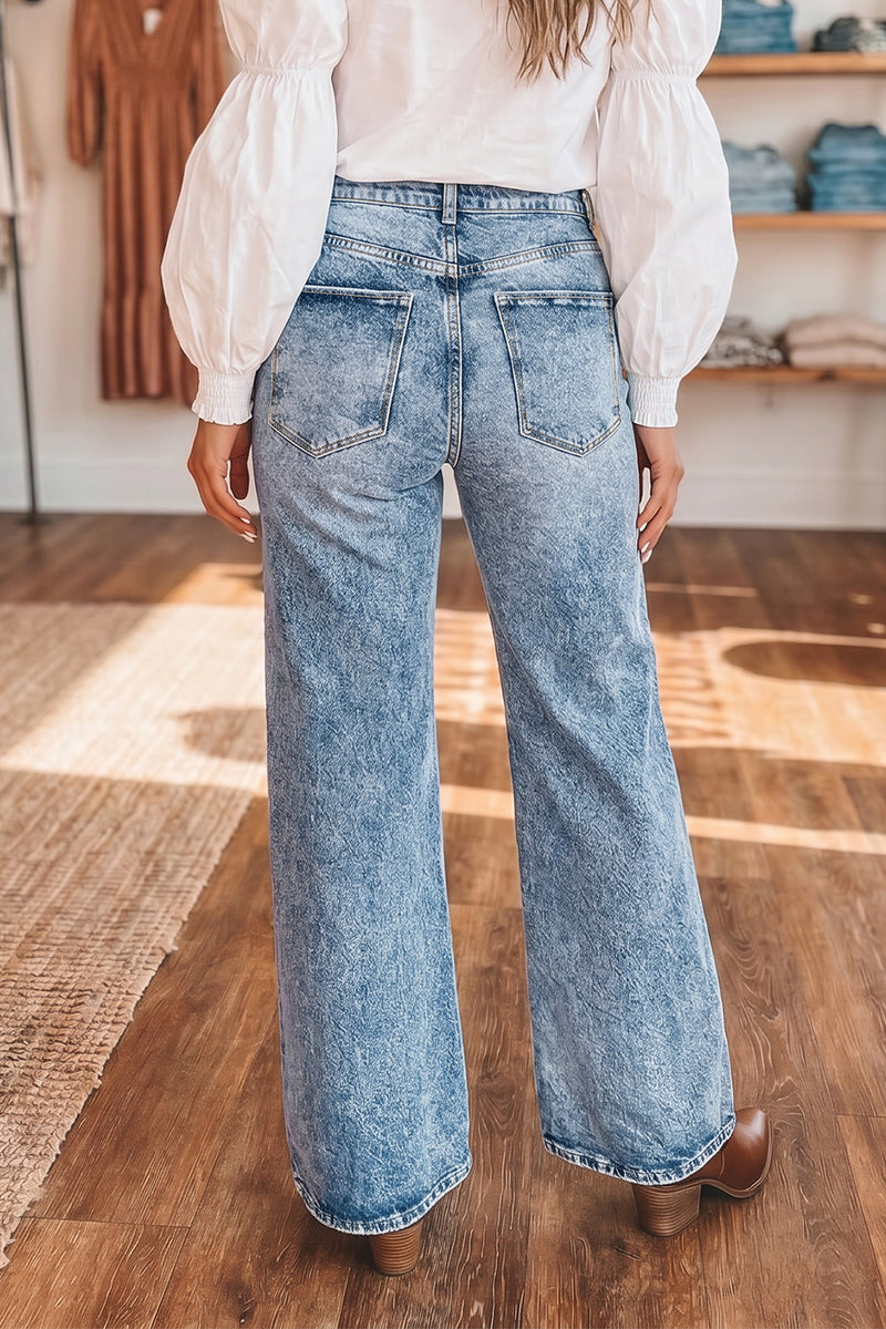 Acid Wash Pocket Detail High Waist Flare Jeans Women UK