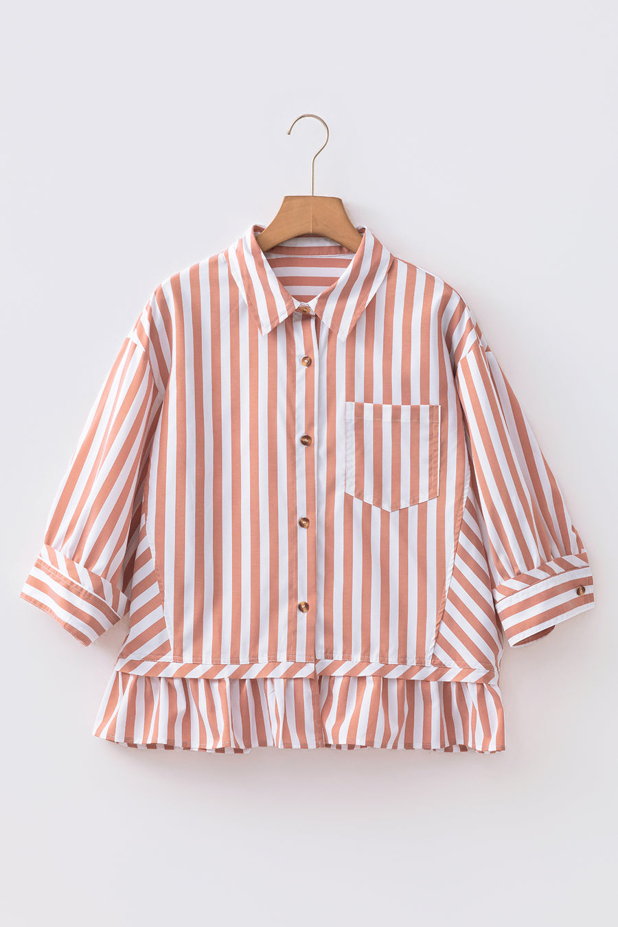 Stripe Button Front Ruffle Hem Bracelet Sleeve Shirt Women UK