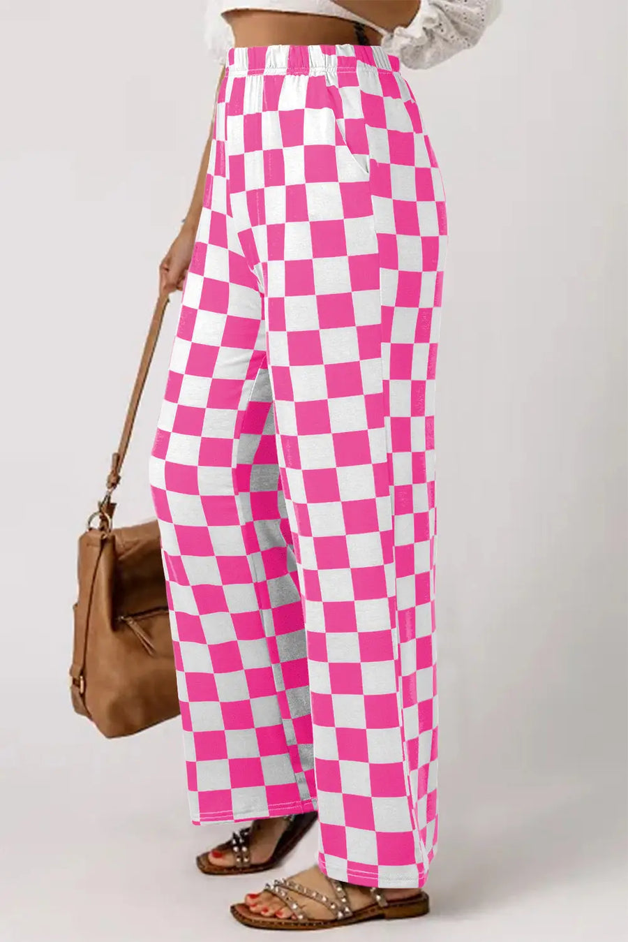 2-tone checked print high waist wide leg trousers with pockets